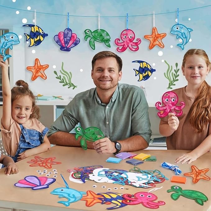 24 Sets Paper Crafts Kit with Colored Tissue Paper Sticker Tools Hanging Ornaments Suncatcher for Window Classroom Activity (24 Sets,Ocean)