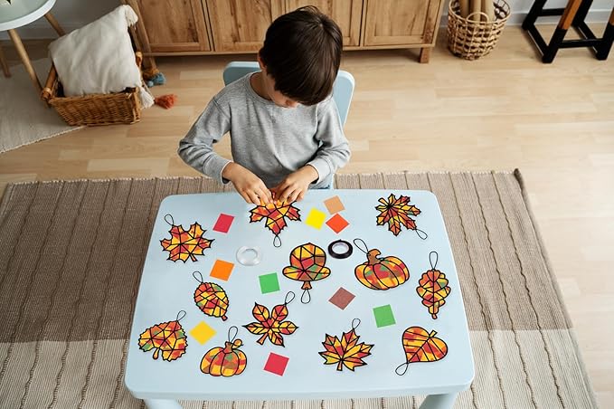 Renbuzhu 40PCS Fall Crafts Bulk: Leaves Pumpkins Paper Suncatchers DIY Kit for Autumn Thanksgiving Activities Decorations, Window Stained Glass Effect Art Supplies(Black Frame)