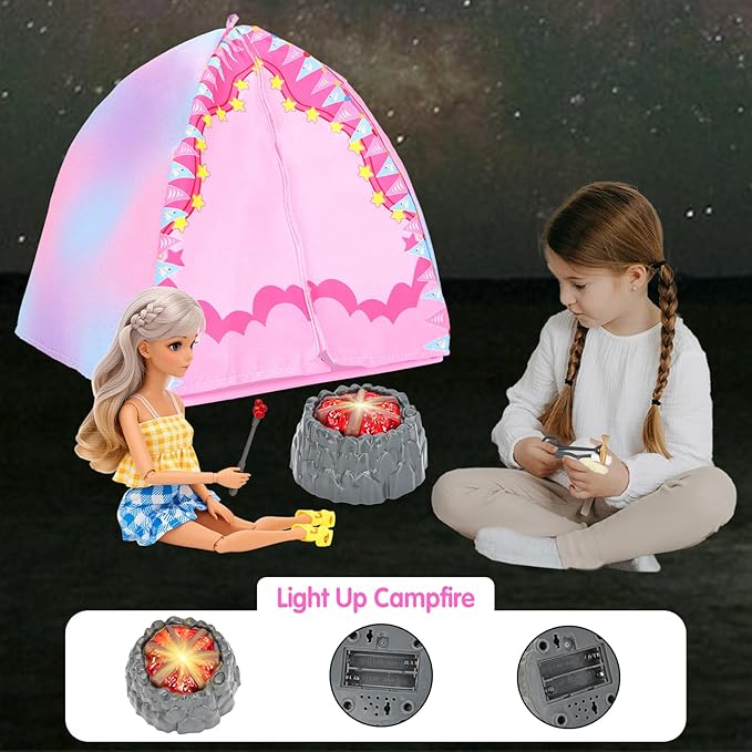 Miunana 35PCS Doll Camping Playset for 11.5" Girl Dolls - STEM Tent with Backpack, BBQ Grill & Stargazing Tools Pretend Play Outdoor Adventure Toy