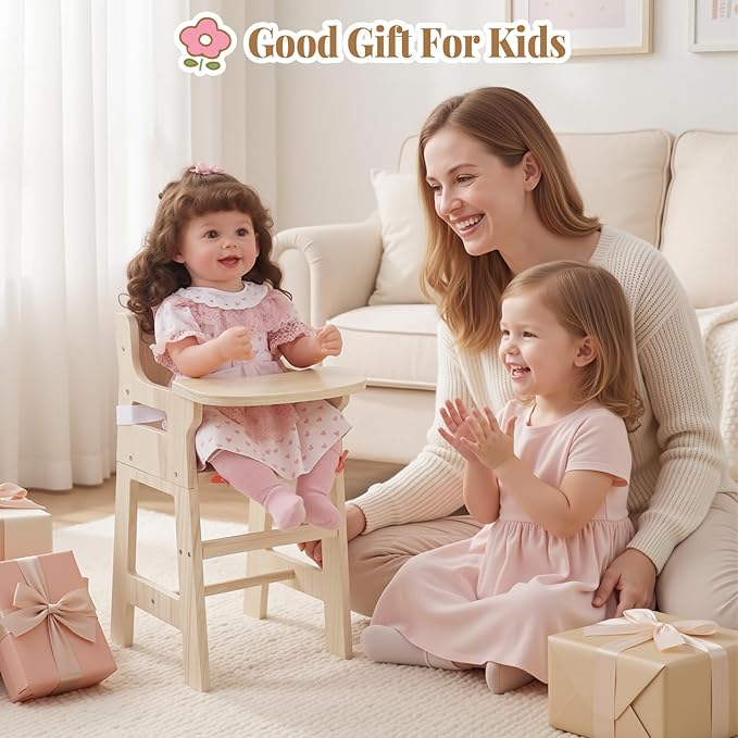 BABESIDE Wooden Baby Doll High Chair Set for 15-20 Inch Dolls Furniture, Babydoll High Chair with Adjustable Tray, Safe Straps and Baby Doll Accessories for Kids Pretend Play Toys