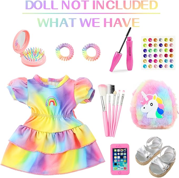 K.T. Fancy 18 Inch Doll Clothes and Accessories - Dress Makeup Set -Included Skirt, Backpack, Headband, Cosmetic Brush, Mini Phone, Mini Comb, Stickers & Shoes（NO Doll）
