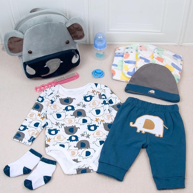 12 Pcs Reborn Baby Dolls Clothes Boy Outfit Accessories Elephant Theme Set for 17-22 Inch Reborn Dolls Newborn Boy with Elephant Backpack Diaper