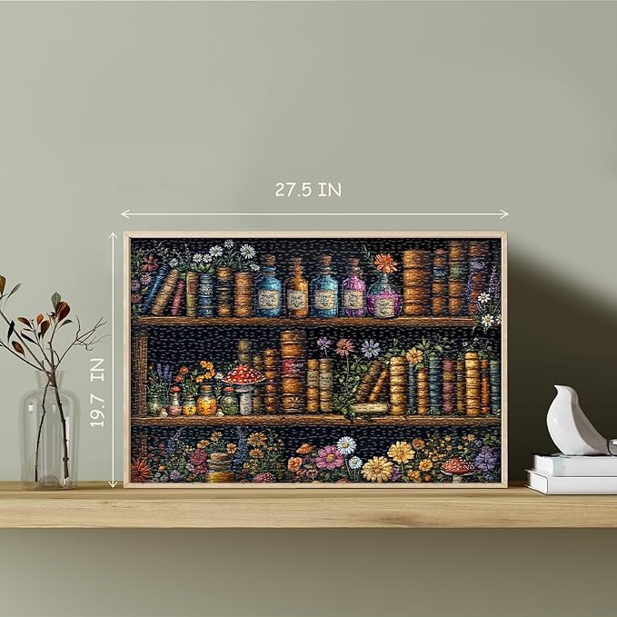 Magic Bookshelf Puzzles for Adults 1000 Pieces, Vintage Book Wildflower Pages Jigsaw Puzzle 1000 Pieces, Plant Floral Potion Mushroom Puzzle, Retro Challenging Hard Puzzle for Book Lovers