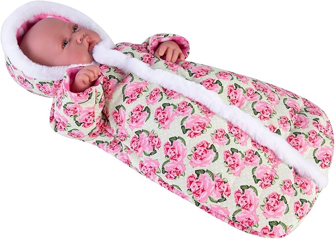 Doll Jumpsuit Sleeping Bag Handmade Doll Clothes Hooded Romper Pink Rose Winter Hoodie Doll Accessory Soft Thick Swaddle Blanket Fit for 18" Dolls (Doll not Included)