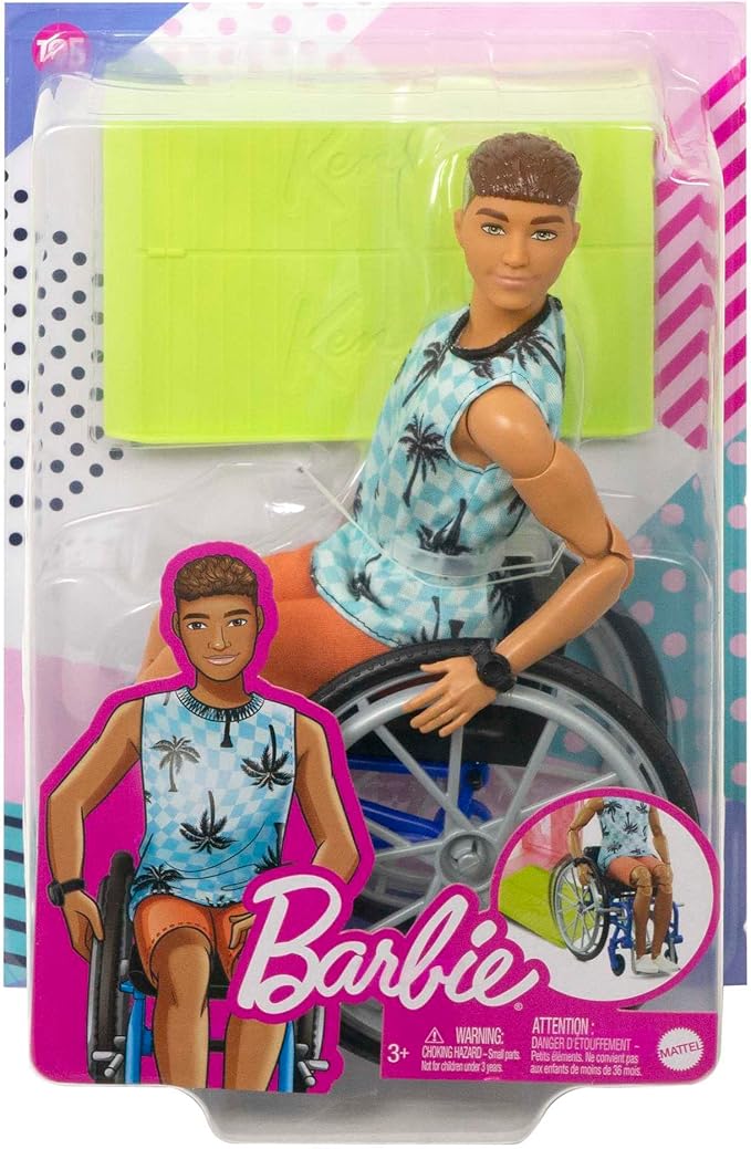 Barbie Ken Doll with Wheelchair & Ramp, Kids Toys, Fashionistas, Brunette with Beachy Tee and Orange Shorts, Clothes and Accessories