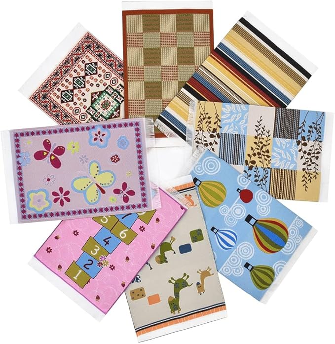 iLAND Miniature Dollhouse Accessories of Carpet for Dollhouse Furniture on 1/12 Scale, Woven Dollhouse Rugs 6” x 3.8” (2pcs Stripe)