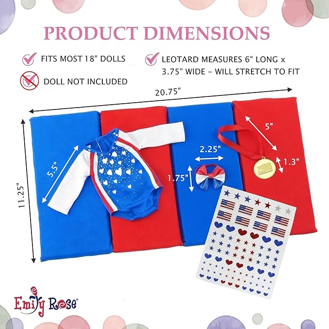 Emily Rose 18" Doll Gymnastics Outfit 5-Piece Set - Bejeweled Athletic Gymnast Leotard, Medal, Hair Bow, Mat, & Reuseable Stickers | American Girl Compatible | Trusted USA Brand | NO Doll