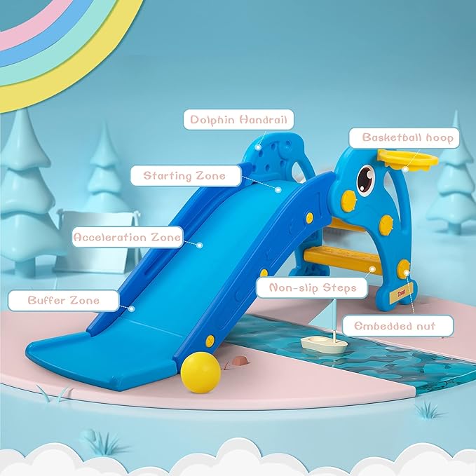 TOBBI Kids Slide for Indoor and Outdoor, Freestanding Slide for Toddler Playground Slipping Slide Climber Toy Playset with Basketball Hoop & Ball, Sky Blue