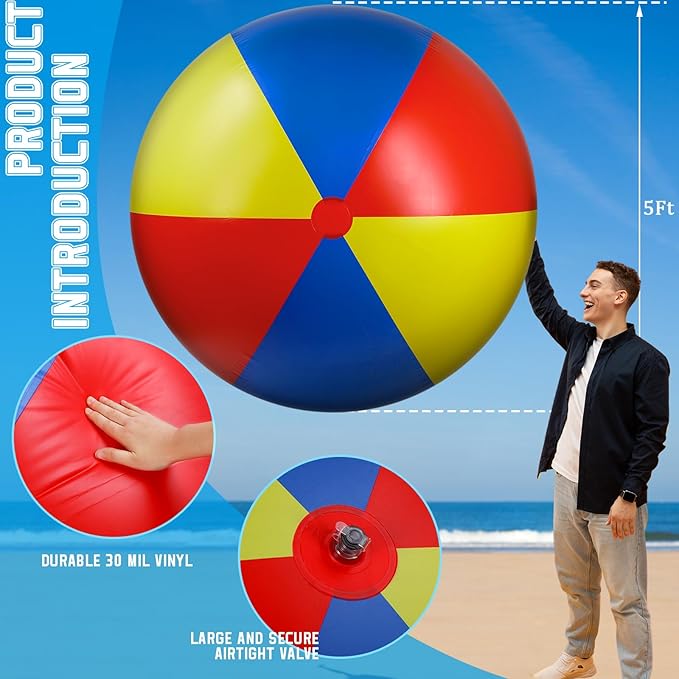 5 ft or 5.9 ft Giant Inflatable Beach Ball Jumbo Rainbow Ball Extra Large Inflatable Toys for Pool Summer Beach Pool Event Party Massive Games