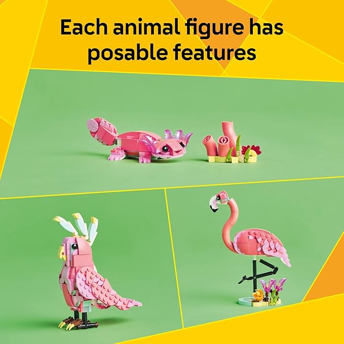LEGO Creator 3 in 1 Wild Animals: Pink Flamingo Animal Building Toy - Playset with 3 Build Options, Pink Flamingo, Cockatoo, or Axolotl - Learning Toy for Kids, Ages 8+ - 31170