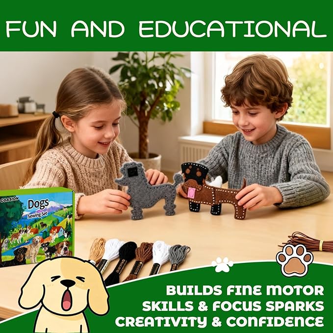 GOASION Sewing Kit for Kids, Dog Kids Sewing Kit, Pre Punched Design for DIY Hanging Decorations, Sewing Tit for Beginners Age 8-12, Boys & Girls Birthday Gift