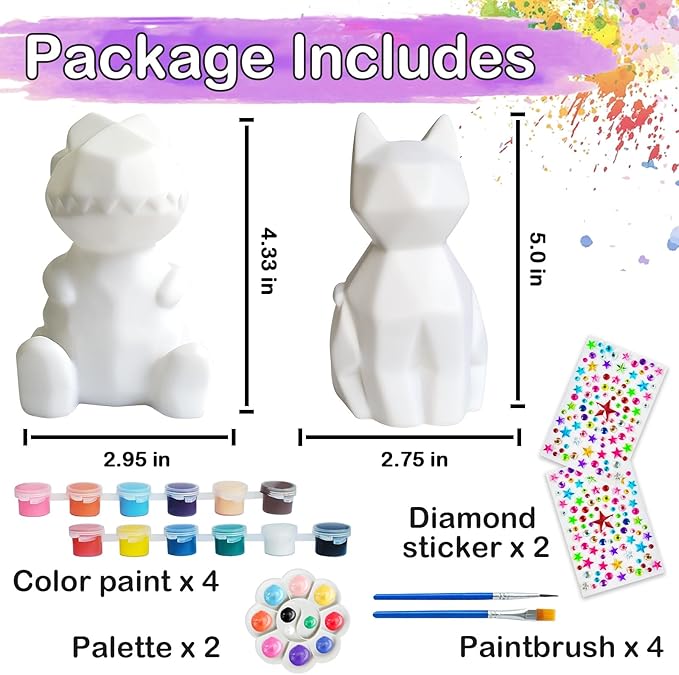 Goody King Paint Your Own Cat & Dinosaur Lamp Art Kit 2pcs, DIY Night Light, Christmas Crafts for Teens, Painting Kit for Girls Boys Age 4 5 6 7 8+, Art Supplies Cat Craft Gift for Birthday, Party