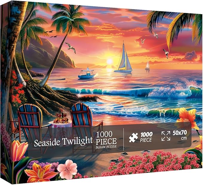 Summer Beach Ocean Puzzle 1000 Piece for Adults, Hawaii Nature Sunset Scenery Jigsaw Puzzle, Outdoor Camping Sailboat Puzzle