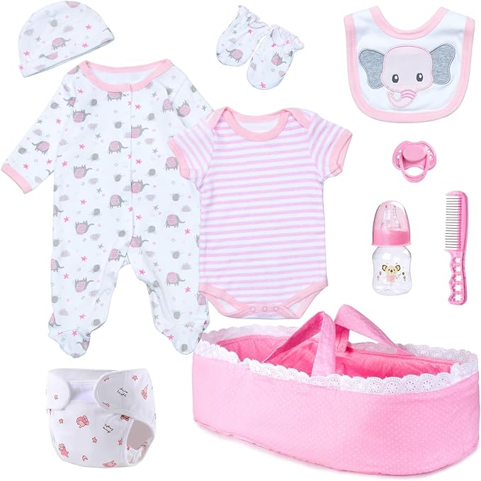 Reborn Baby Doll Clothes with Bassinet and Reusable Diaper Accessories 10-Piece Set fit 17-22 Inch Baby Dolls Girl, Pink Newborn Dolls Girl Outfits Cute Elephant Patterns Design