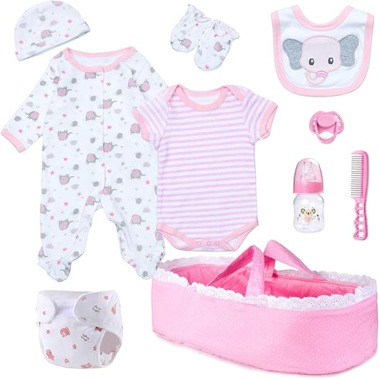 Reborn Baby Doll Clothes with Bassinet and Reusable Diaper Accessories 10-Piece Set fit 17-22 Inch Baby Dolls Girl, Pink Newborn Dolls Girl Outfits Cute Elephant Patterns Design