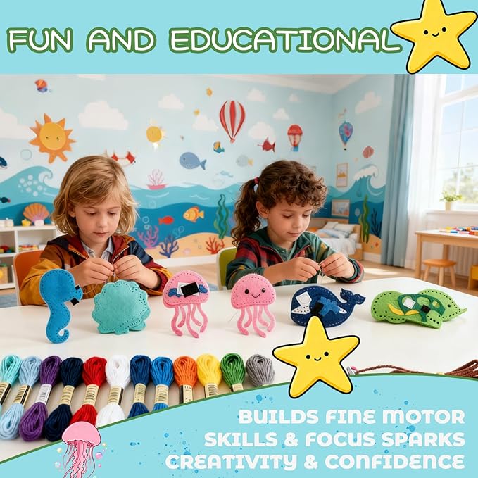 GOASION Sewing Kit for Kids, Ocean Kids Sewing Kit, Pre Punched Design for DIY Hanging Decorations, Sewing Tit for Beginners Age 8-12, Boys & Girls Birthday Gift
