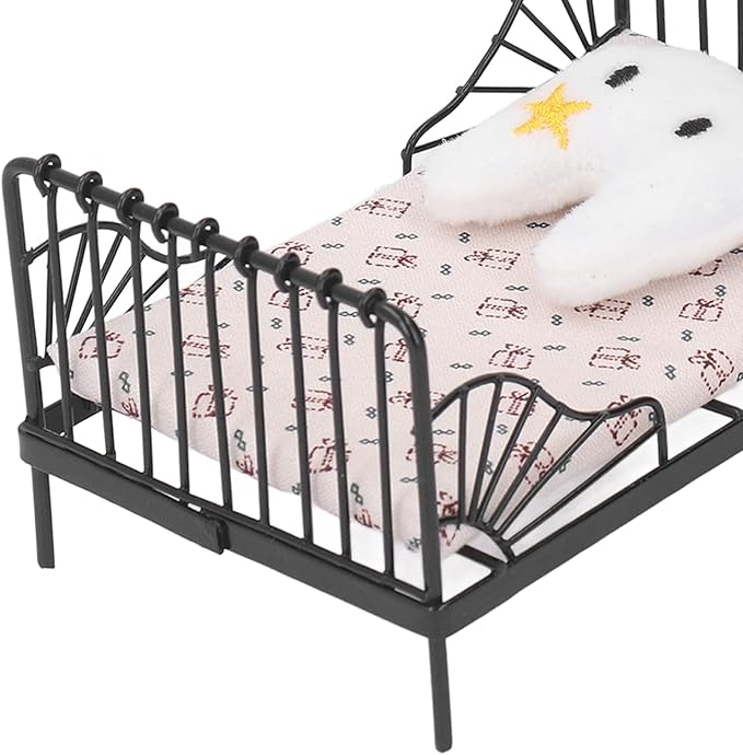 Fydun 1:12 Doll House Bed, 1 12 Children Metal Miniature Bedroom Bed,1 Scale European Furniture Accessory Black Frame with Mattress Pillow for Decor Type B (Type A)