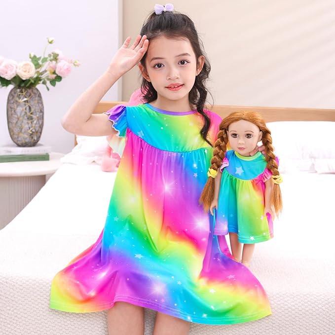 ICOSY Matching Doll & Girls Nightgowns Clothes Girls Pajamas Sleepwear Outfit for Kids and 18" Girl Doll