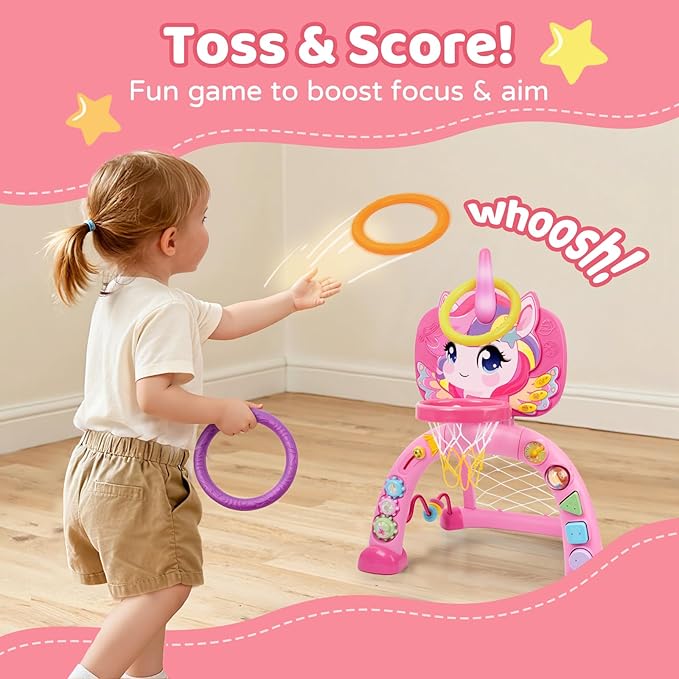 Basketball Hoop & Soccer Goal for Toddlers – 3-in-1 Sports Play Set with Ring Toss | Indoor Outdoor Activity Toy for 1 2 3 Year Old Boys | Birthday for Active Play (Pink)