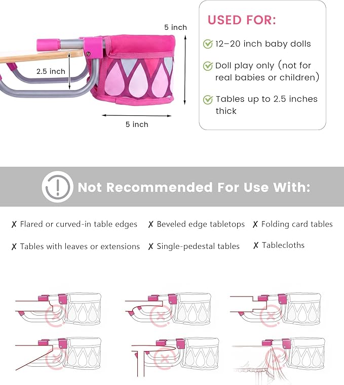BABESIDE Baby Doll High Chair for 12–20 Inch Dolls, Foldable Table Seat Doll Furniture, Portable Feeding Chair Accessories for Reborn Dolls and Toys, Pretend Play Accessory for Girls and Boys Age 3+