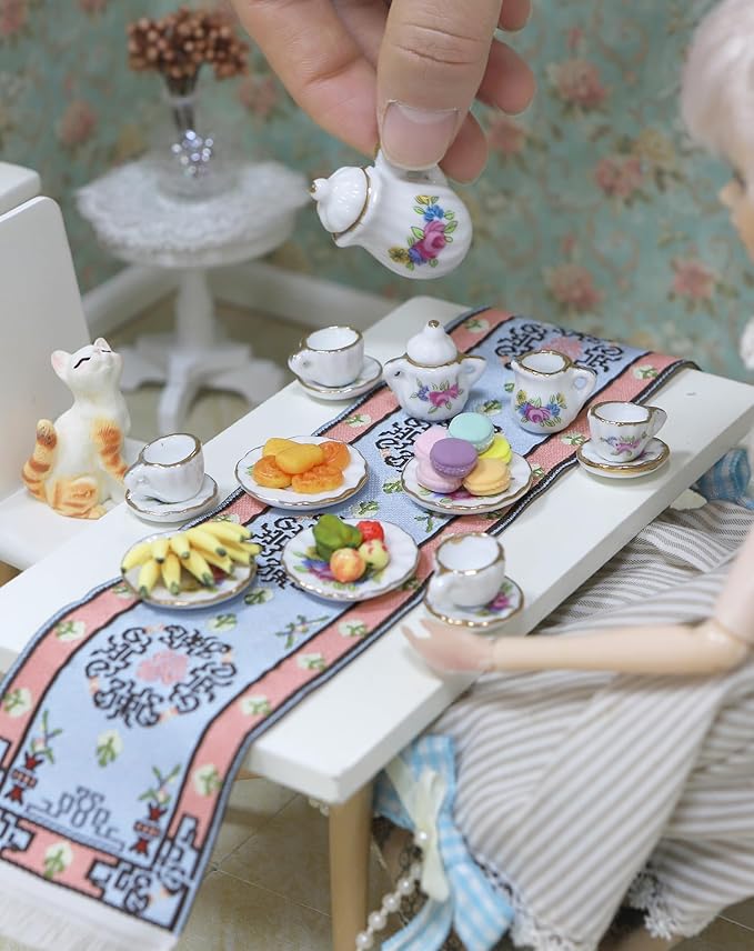 iLAND 1/6 Scale Accessories Mini Tea Set Miniature Porcelain 16pcs Set w/Table Runner Elf Accessories Cute Miniature Dollhouse Décor Fit 12 inch Dolls Action Figure Elegant Gilded Rosette