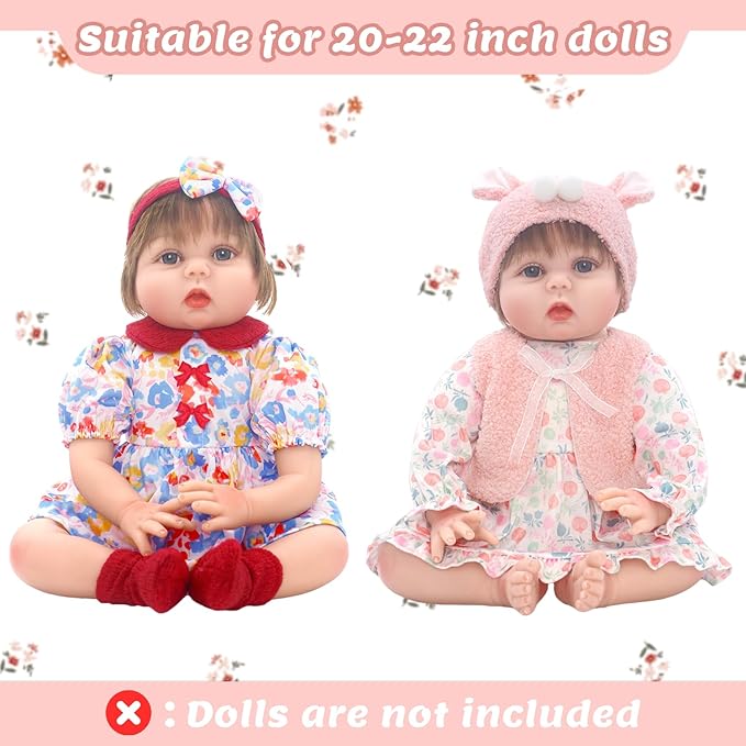 2 Set Reborn Doll Clothes for 20-22 inch Girl Dolls, 6PCS Baby Doll Clothes Accessories Outfits Include Dress Coat Headband Hat Socks