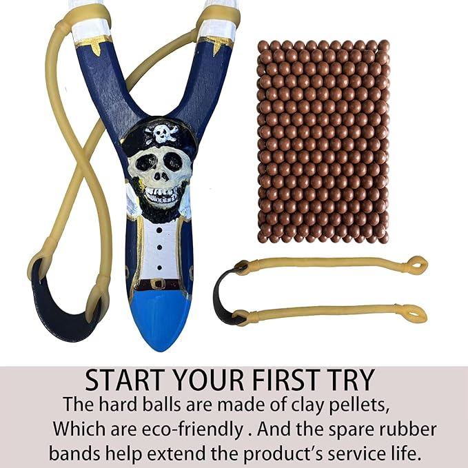 LINJAY Wooden Slingshot for Kids – Handmade Pirate Skull Toy with Extra Bands, Clay Balls & Soft Pom Poms for Outdoor Fun