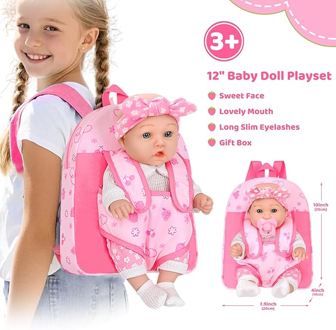 DONTNO 12" Baby Doll with Backpack Carrier in Gift Box,12 Inch Realistic Baby Dolls with Clothes and Accessories,Toy Pretend Play Collection for 3+ Child Girls Gifts