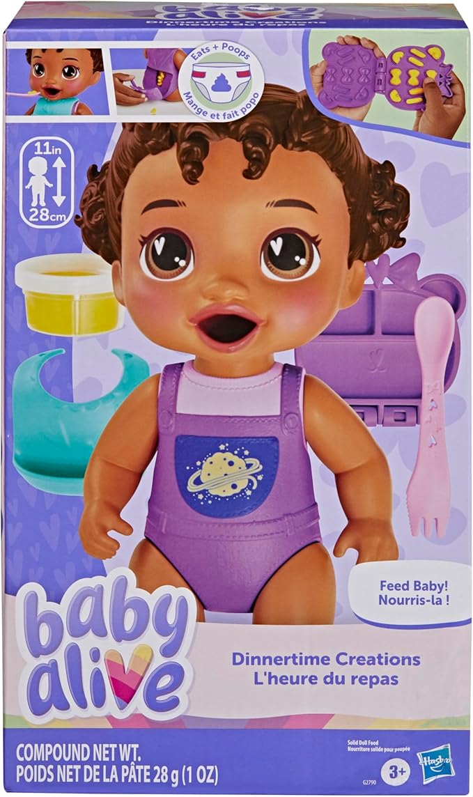 Baby Alive Dinnertime Creations, Black Hair Doll with Play Food Accessories, 11 inches, Toys for 3+ Year Old Girls and Boys