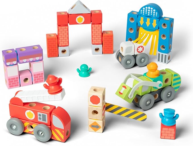 Melissa & Doug Blockables™ Deluxe City Snap and Play, Mix and Match Connectable Wooden Building Blocks Set with Storage Bin and Play Lid (122 Pcs) Ages 2 to 7- FSC Certified