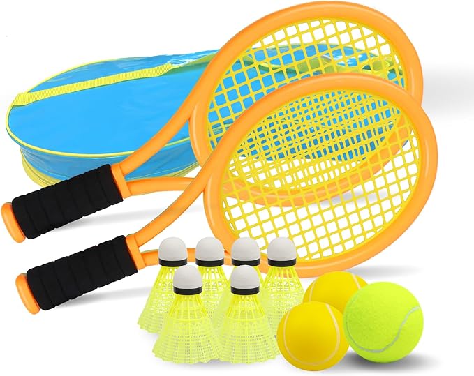 Crefotu Kid Tennis Racket Set for Toddler,Children,Sponge Handle, includes 6 Badminton, 1 Tennis Ball, Bag and 2 Balls - Increase Children's Sports,Improve Tennis Skills