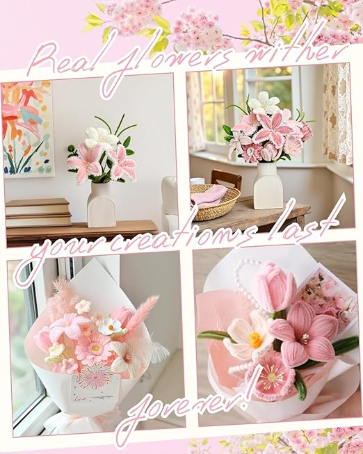 YYUENGTAK 350 Pcs Pink Pipe Cleaners Flower kit with tutoria,Fluffy Yarn,Green Floral Wires,Gardening Tape,Stamen(2 Colors)，Pipe Cleaners Craft,Chenille Stems for DIY Art Projects Creative Gift Decor