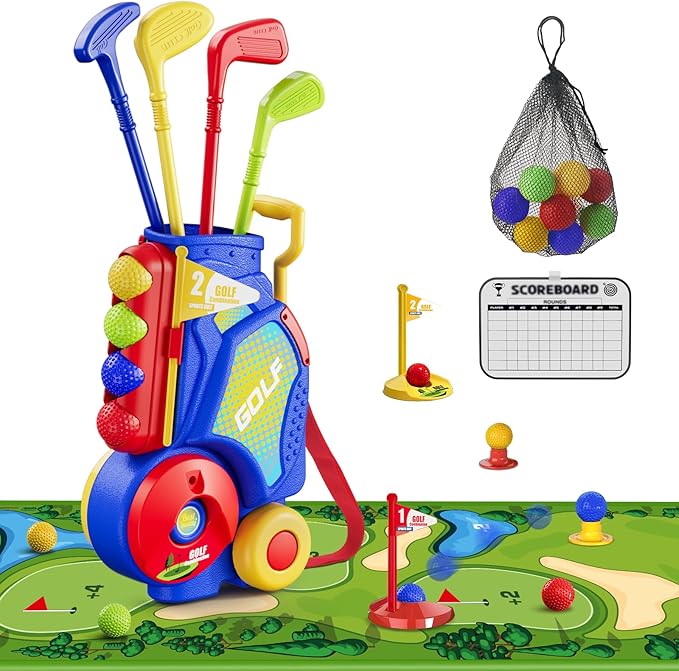 Toddler Golf Set 2-4 Years, Kids Golf Club with 8 Balls, 4 Plastic Clubs, Putting Mat, Scoreboard, Storage Bag, Indoor Outdoor Game with Golf Cart Sport Toy Gift for Baby Boys Girls Age 3-5, Blue