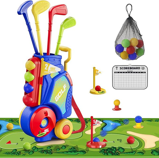Toddler Golf Set 2-4 Years, Kids Golf Club with 8 Balls, 4 Plastic Clubs, Putting Mat, Scoreboard, Storage Bag, Indoor Outdoor Game with Golf Cart Sport Toy Gift for Baby Boys Girls Age 3-5, Blue