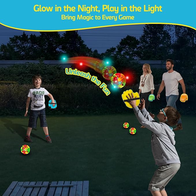 punkdog LED Toss and Catch Ball Game Set - 2 LED and 2 Regular Suction Cup Ball with 4 Easy-Grip Gloves - Beach Sports Toys for Kids - Outdoor Games for Backyard or Park - Easter Gift for Kids