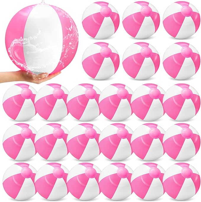 24 Pack 16 Inch Pink and White Inflatable Beach Balls Bulk PVC Beach Balls Blow up Water Games Toys for Kids Summer Swimming Pool Party Favors Hawaiian Tropical Theme Party Supplies