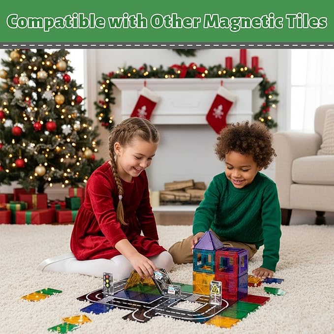 Magnetic Tiles Road Expansion Set, STEM Magnetic Building Blocks for Kids Ages 3-5 4-8 5-7, STEM Learning Toys, Safe & Durable Creative Construction Play, Gift for Boys & Girl