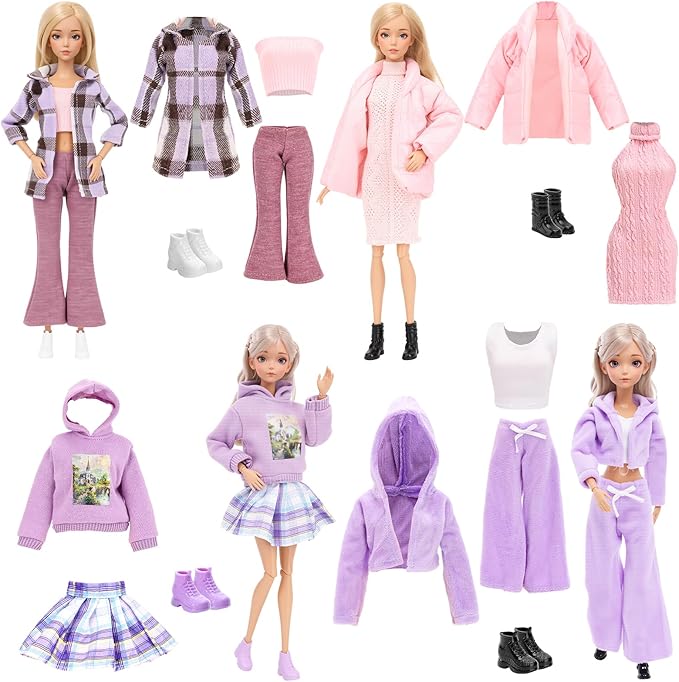 9 Pcs Doll Winter Clothes and Accessories for 11.5 Inch Girl Doll Include Jacket, Hooded Sweatshirt, Dress, Coat with 4 Pairs of Shoes for Girl Dolls Clothing Set
