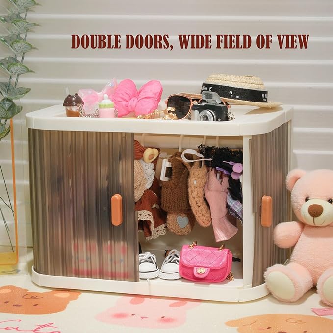 Foldable Doll Wardrobe Storage Box Compatible with Labubu Clothes with 10 Hangers & Rod - Stackable Organizer Cabinet for 15/17cm Doll Clothes with Dust-Resistant Cover and Display Shelf