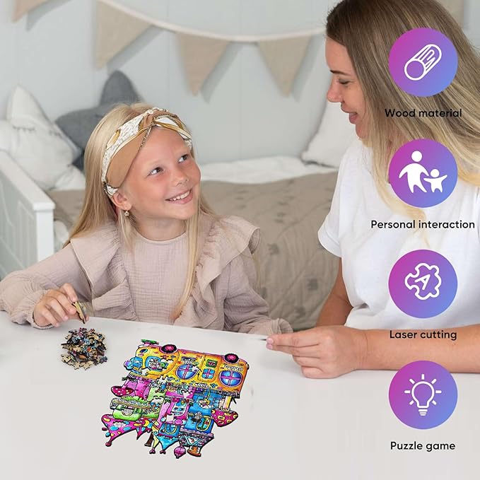 Delobil Wooden Puzzles for Adults, Car Jigsaw Puzzles 200 Piece, Unique Shape School Bus Puzzle for Adults and Kids, Fun Challenging House Puzzles Family Game Gift, 8.2 x15.2 Inches