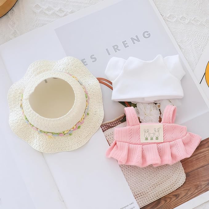 Clothes for Lu bubu 17cm Dolls Accessories (No Doll), Kawaii Hat Skirt Outfit Set 3 Pieces for 17cm Dolls Suit, Stylish Flower Doll Hat Clothing Set Replacement Pink