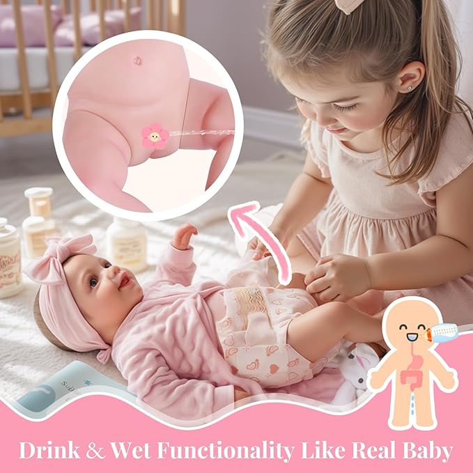 BABESIDE Drink and Wet Reborn Baby Dolls Girl – 17 Inch Lifelike Handmade Soft Vinyl Baby Doll, Can Drink & Pee, Real Life Baby Doll with Accessories, Gift for Girls Age 3+ Pretend Play & Collection