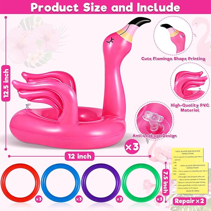Camlinbo 15 Pcs Inflatable Flamingo Pool Toys Ring Toss Pool Game, Flamingos Luau Party Decor Hawaiian Beach Toys Carnival Outdoor Luau Party Games Supplies for Adults Family