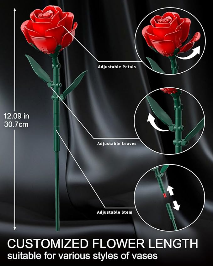 Red Rose Bouquet Building Set, 12 Artificial Roses Flower Building Blocks for Adult Women, Botanical Collection Home Decor Romantic Gift for Mother's Day Valentine's for Adults Girls (512 PCS)