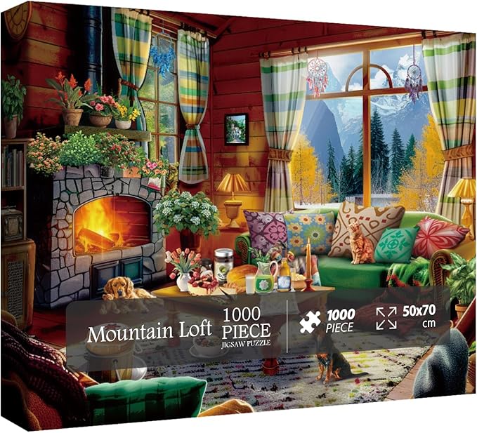 Cozy Cabin Winter Scene Puzzle 1000 Piece for Adults, Book Cozytime Jigsaw Puzzle Coffee Table, Dog Cat Puzzle