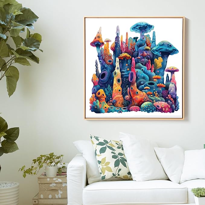 Qiuenisray Wooden Puzzles 500 Pieces, Coral Ocean Jigsaw Puzzles, FSC Certified Wood Puzzle, Wall Decor, Unique Shape Puzzle Piece, Creative Gift for Family Game 16.6x16.9 in