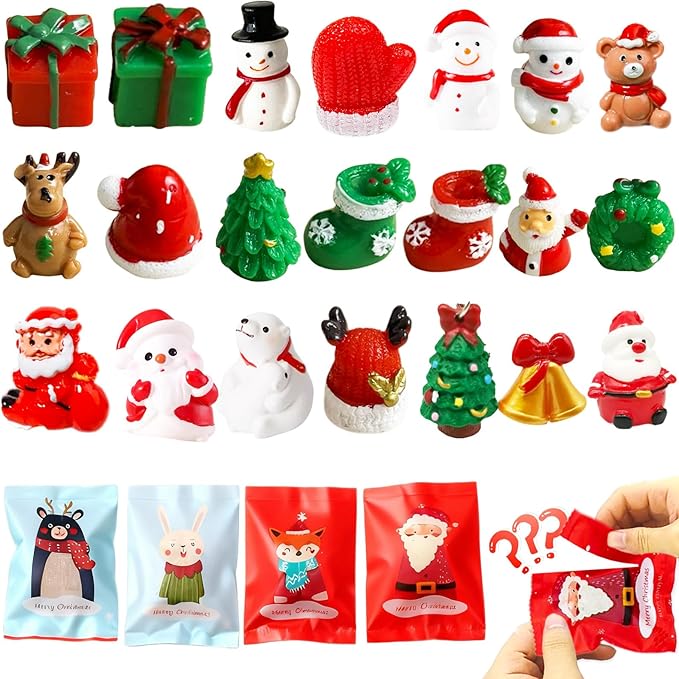 12-Pack Christmas Resin Mystery Bags – Mini Xmas Figurines Blind Bag Bulk for Holiday Crafts, DIY Decorations, Stocking Stuffers, Party Favors, Ornaments & Collectible Gifts