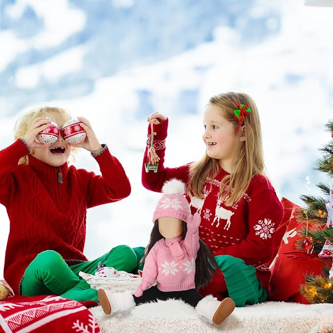 Bencailor 6 Pcs 18 Inch Christmas Doll Clothes and Accessories Winter Outfits Set Sweaters Trousers Hats Shoes Gloves for 18 Inch Doll Gifts(Pink White)