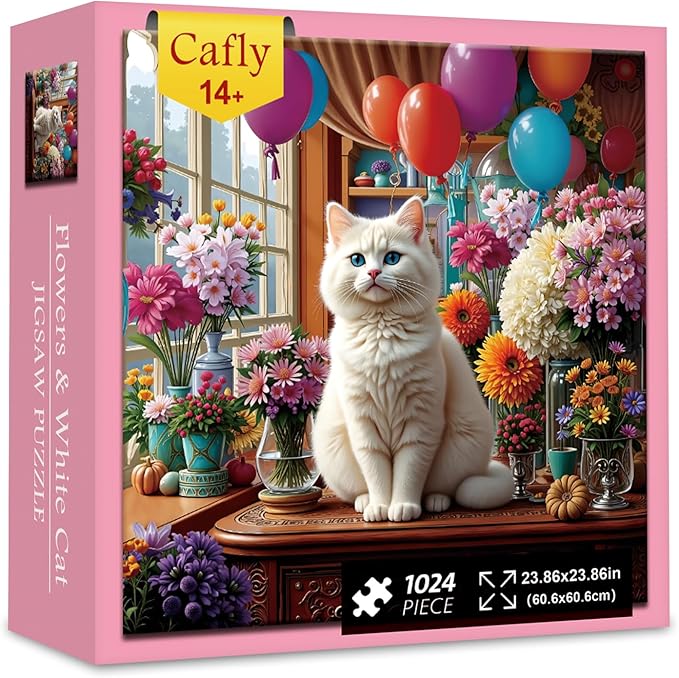 Jigsaw Puzzles for Adults 1024 Pieces - Challenging Fun Puzzles Stunning Art Wall Decor, Gift for Adult Puzzle Lovers, Family Game, Flowers & White Cat