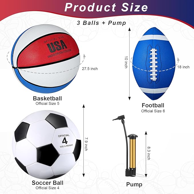 Libima 3 Pcs Sports Ball Set for Kids Teens Include Official Size Basketball Soccer Football with Pump and Carry Bag Training Practice Sport Back to School Gift